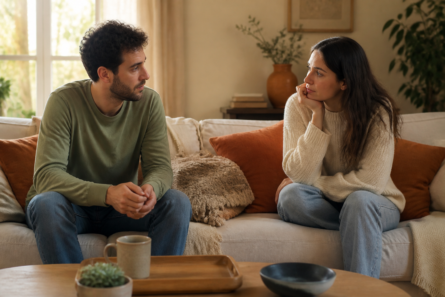 Two people sitting apart on a sofa after a hard moment