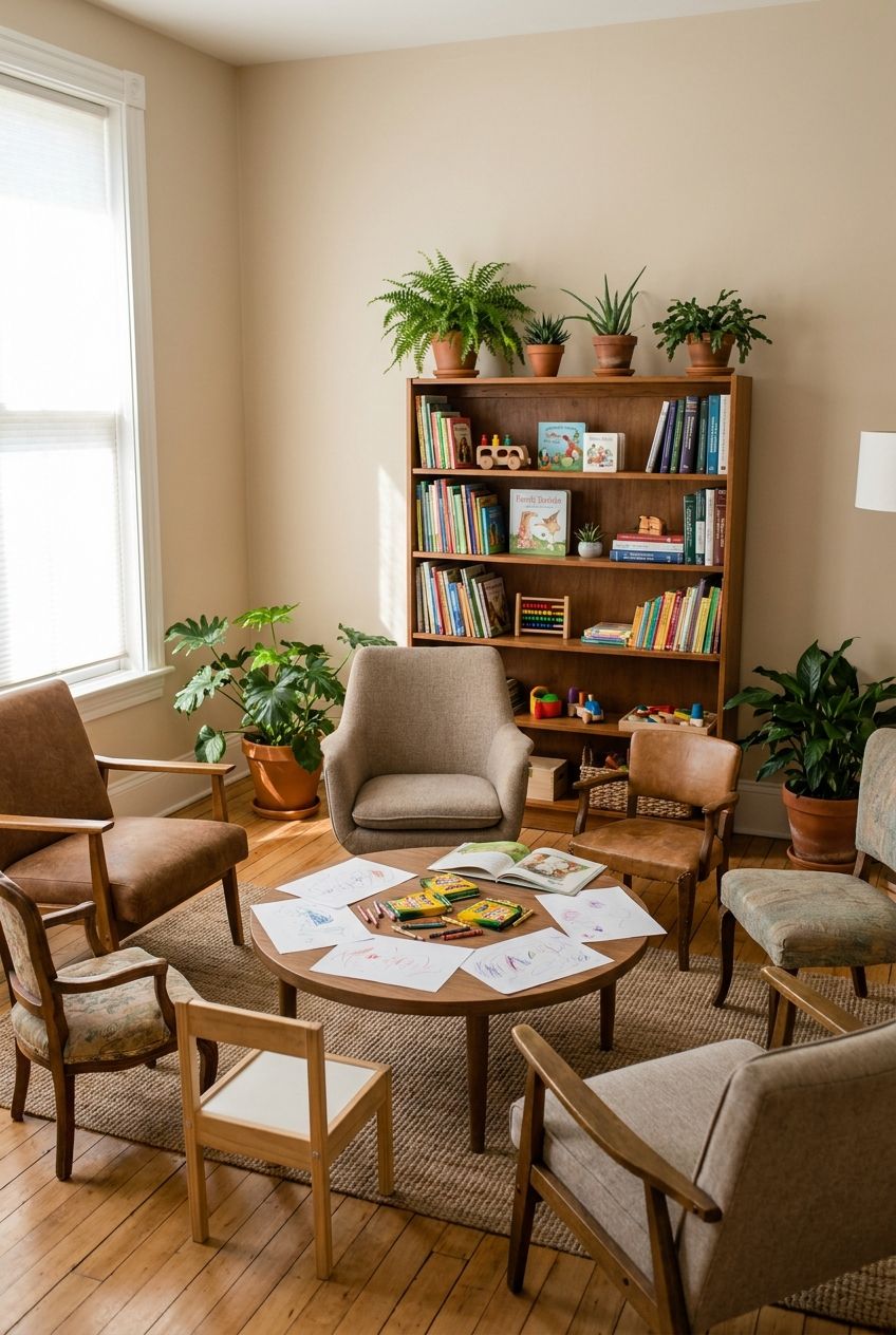 Photograph of mixed-size chairs in a circle around a low table with crayons and paper