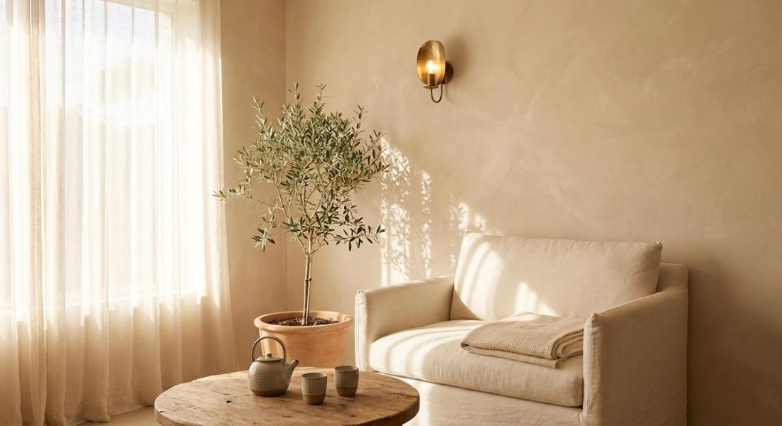 Sunlit wellness studio sitting area with linen and plants