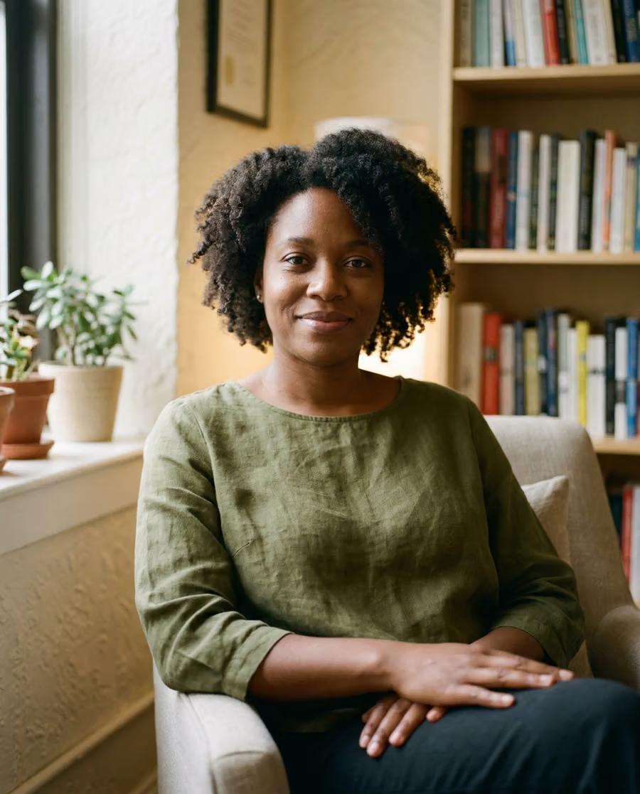 A smiling Black woman with curly hair sits in a chair, with plants by a window and a bookshelf in the background.