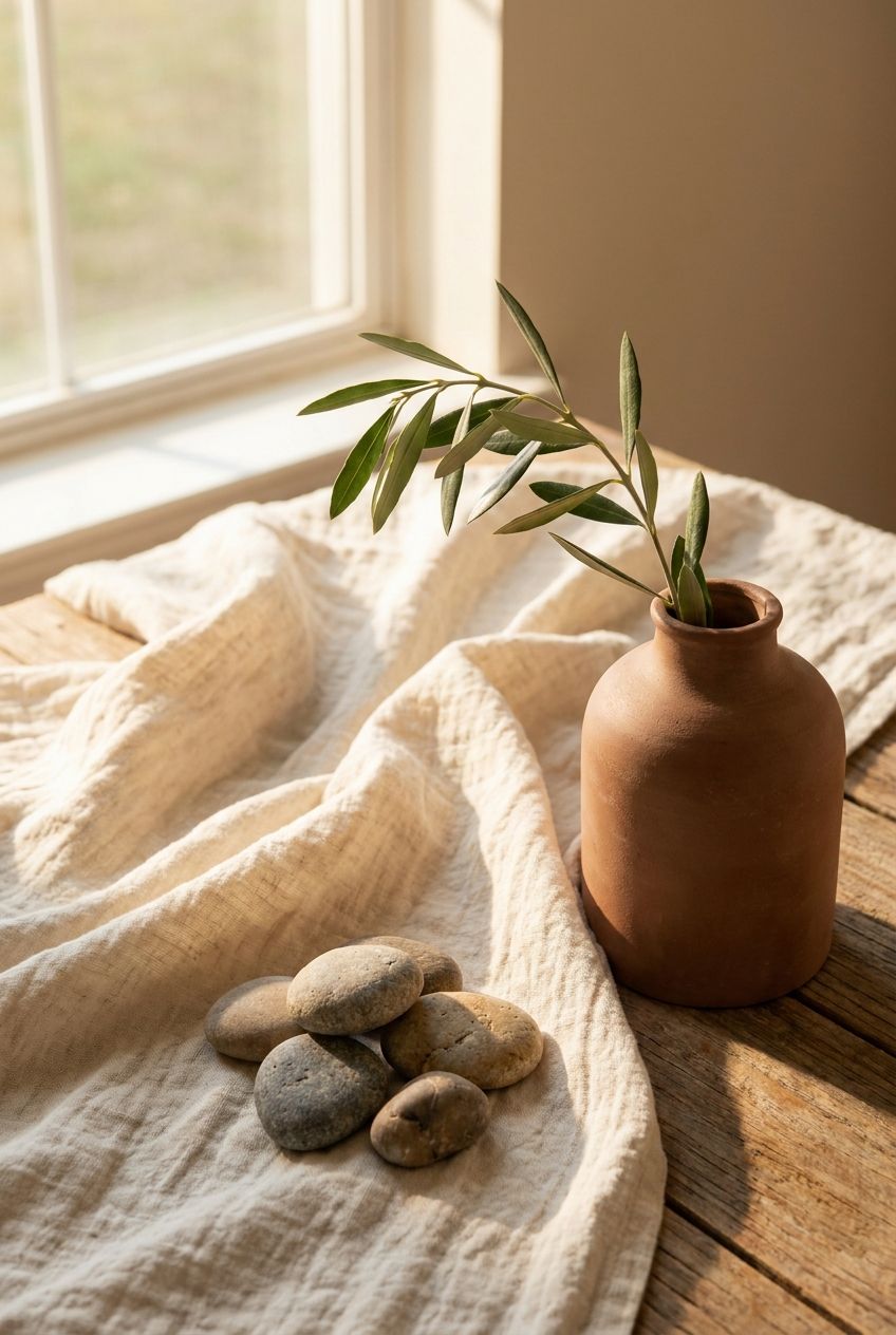 A grounding still life with linen, river stones, and a leafy branch