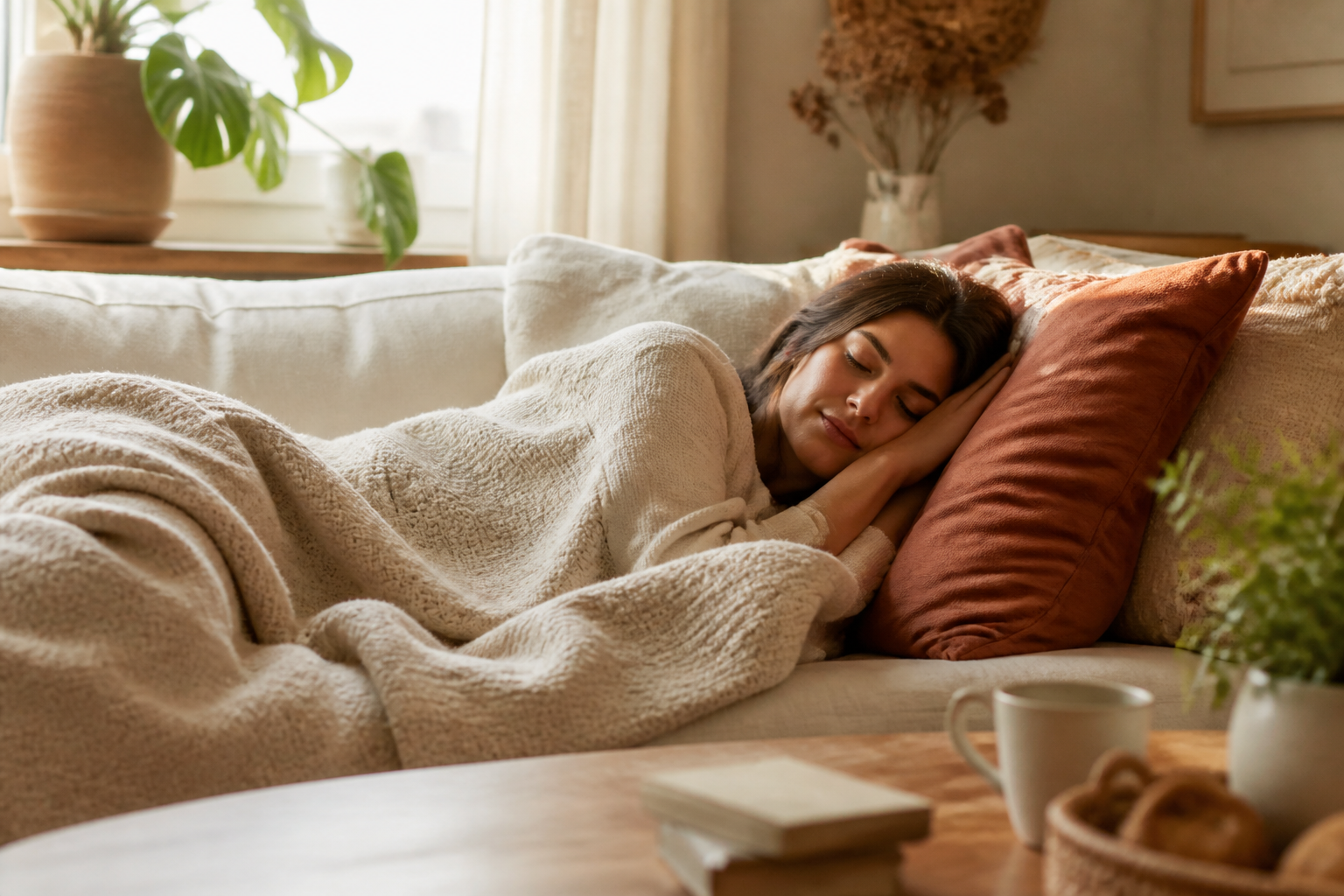 Person resting under a soft blanket on a sofa