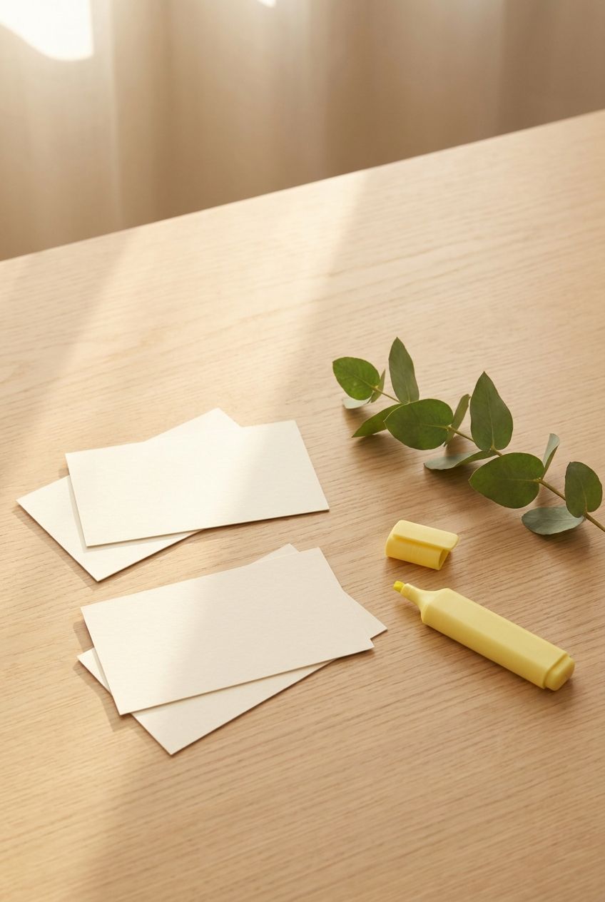 Blank index cards, a highlighter, and a leafy sprig on a light wood desk
