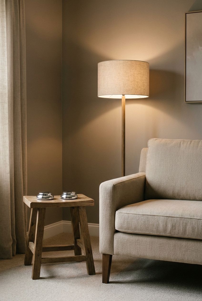 Two small tactile buzzers beside a calm empty chair and soft lamp light