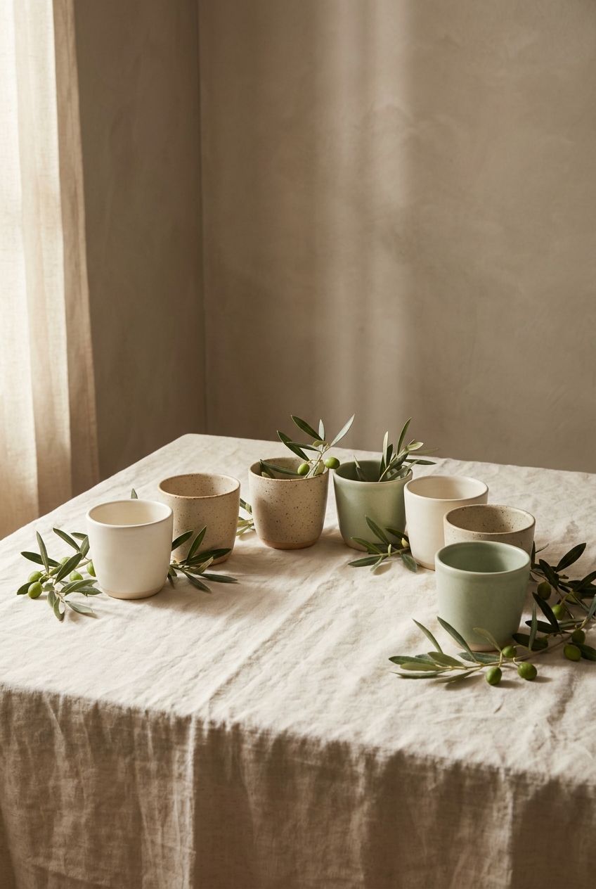 Several ceramic cups arranged in a welcoming arc with olive sprigs on linen