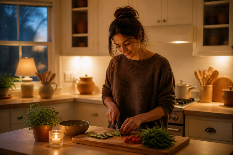 Quiet Sunday evening kitchen with soft lamp light