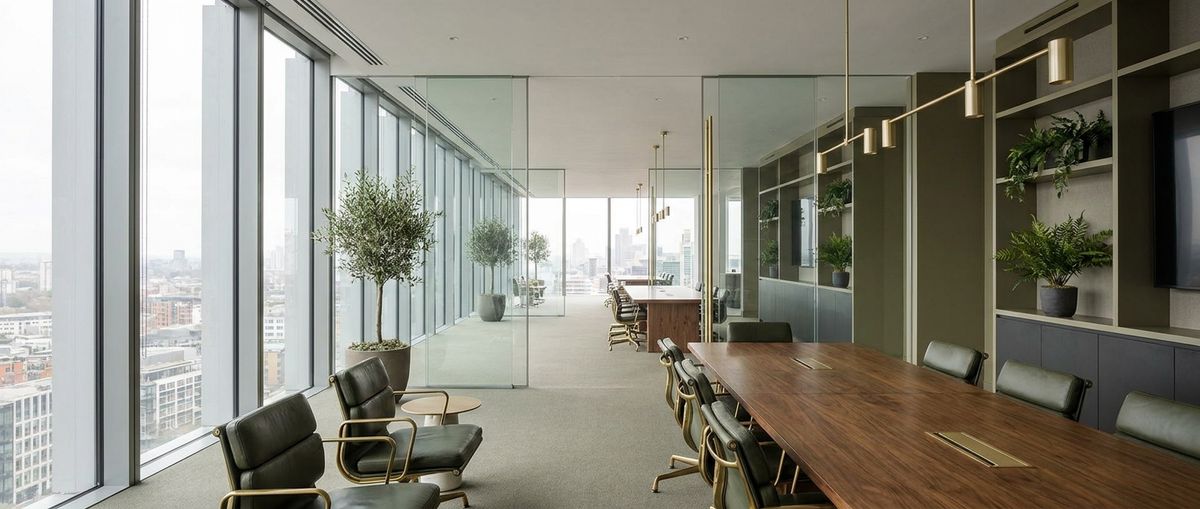 Modern upscale office interior with floor-to-ceiling windows and a conference table