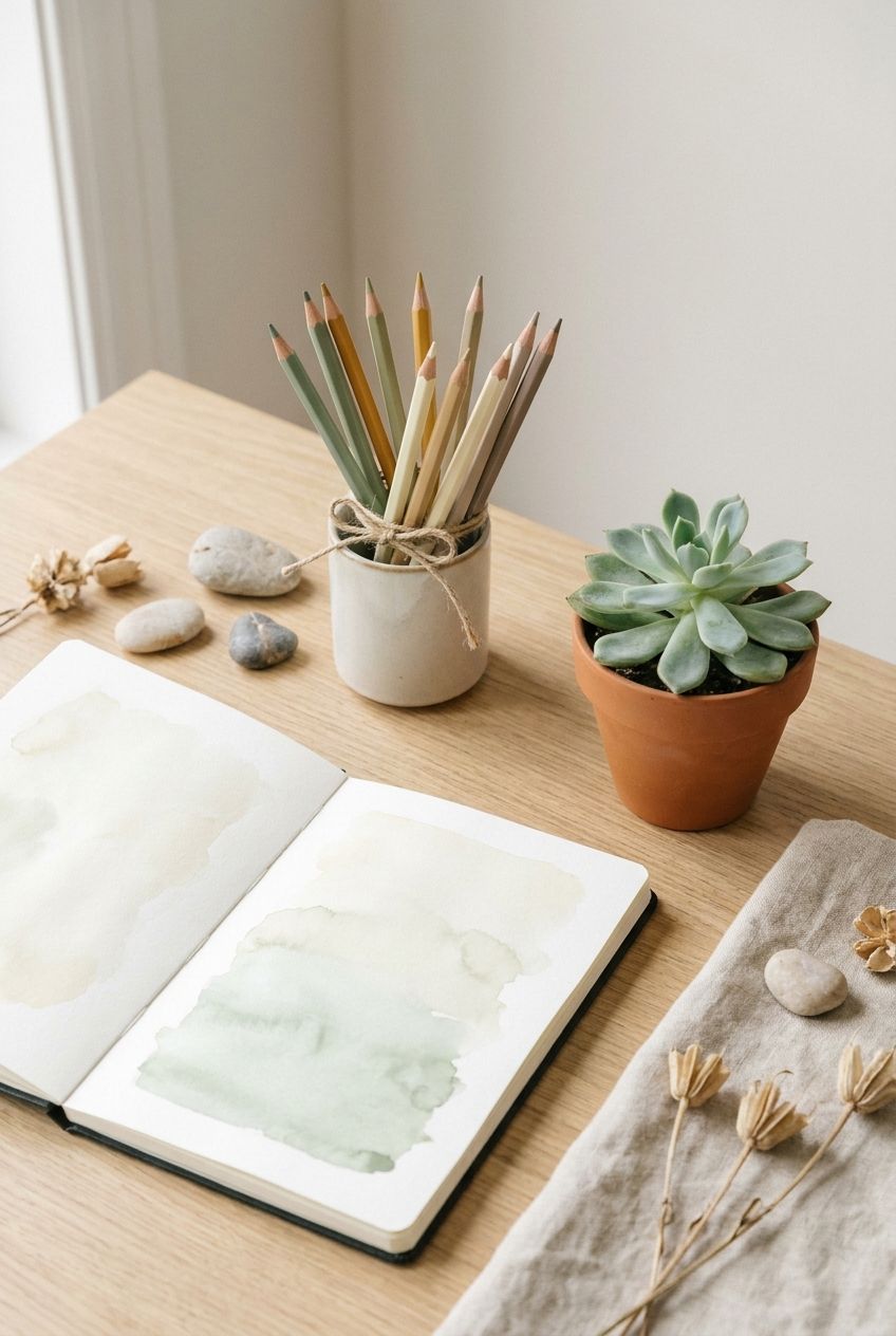 A sketchbook with watercolor washes, colored pencils, and a succulent on a wood desk
