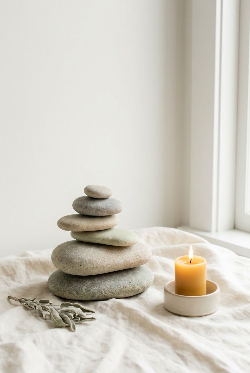 Smooth river stones and soft linen beside a small candle glow