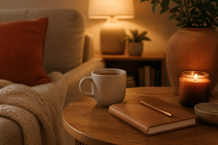 Evening ritual with tea, candle, and a closed journal