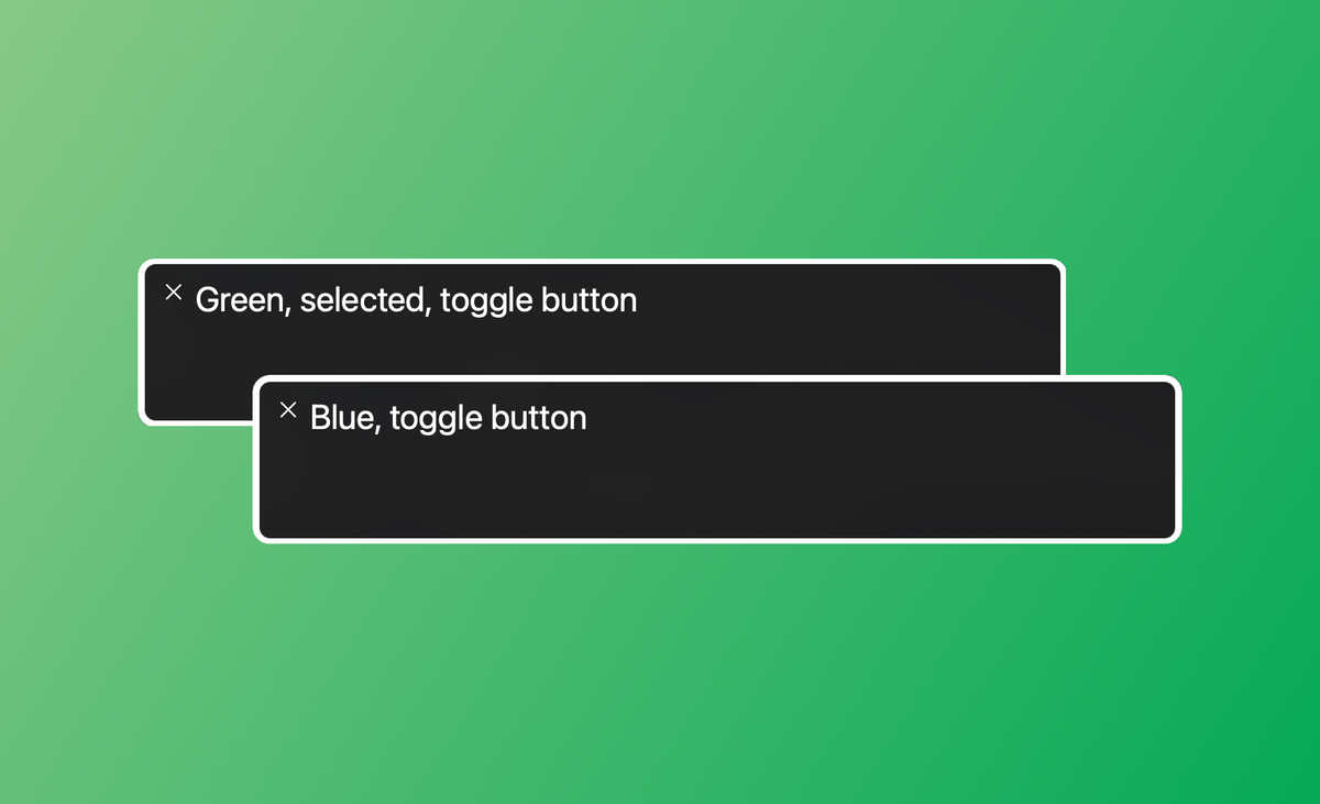 Two VoiceOver boxes: "Green, selected, toggle button" and "Blue, toggle button"