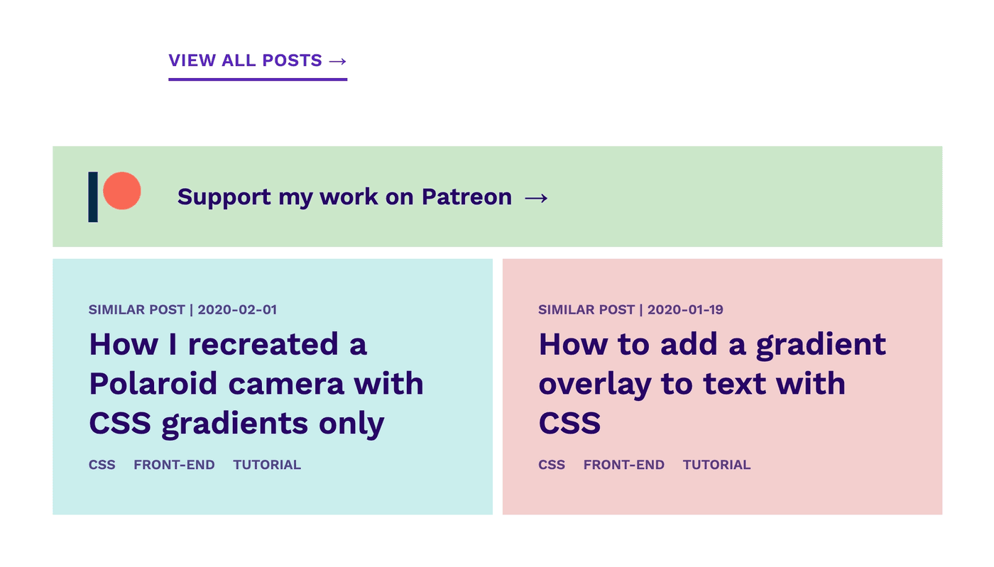 two similar blog posts in big colored containers at the bottom of each of my posts