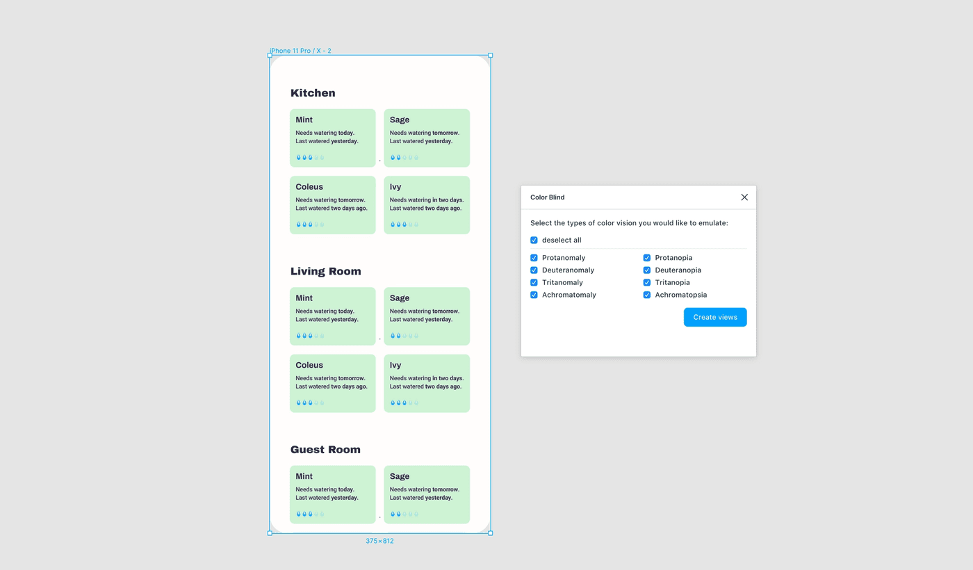 Screenshot of the color blind plugin for Figma: a menu is open where different types of color blindness can be selected