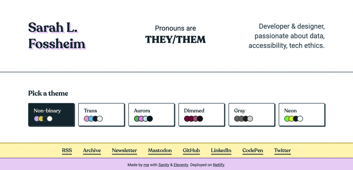 Theme selector in the footer of Fossheim.io. Title is "Pick a theme", and the different theme options are "non-binary", "trans", "aurora", "dimmed", "gray" and "neon".