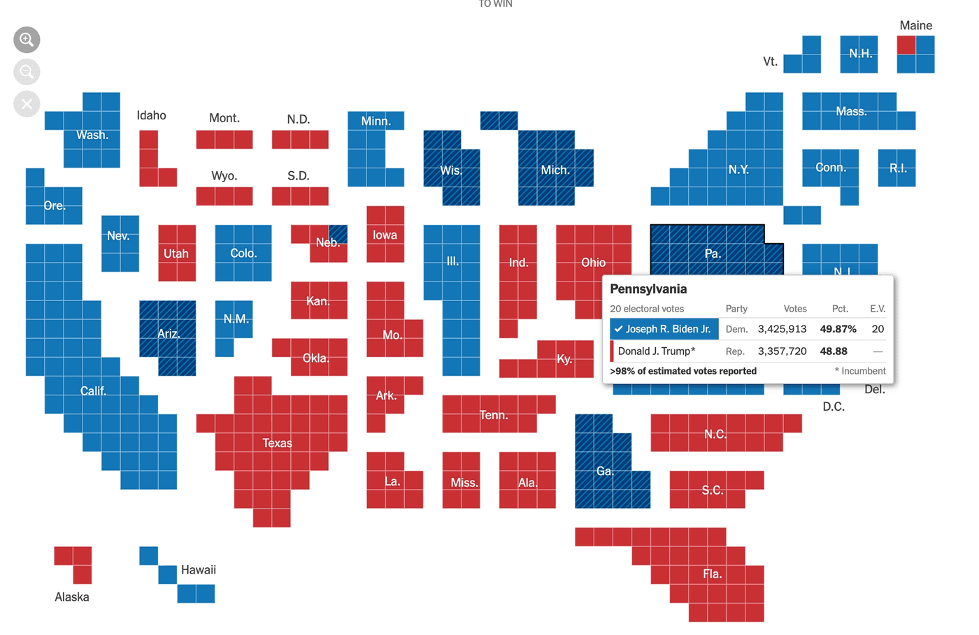 The New York Times' election map. The electoral college view is shown, where each state is made out of the same amount of circles as it has electoral college votes