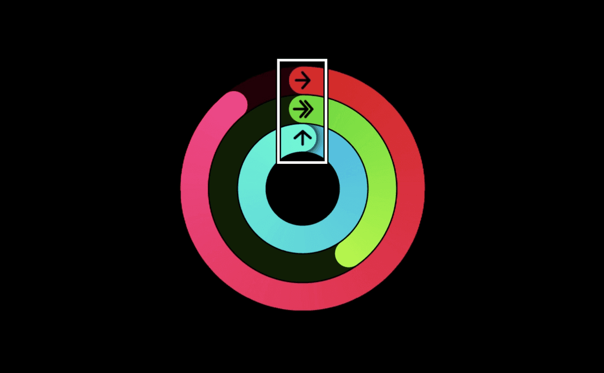 3 progress circles (activity rings) in pink, green and blue. They have icons for moving, exercising and standing, which are circled.