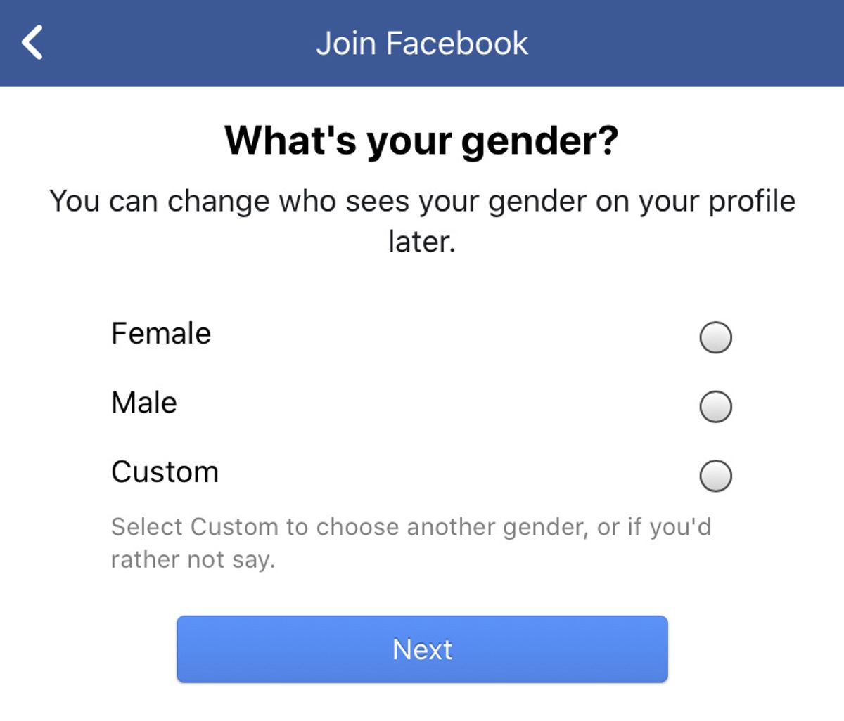 Facebook's gender selector: three options, man, woman or custom