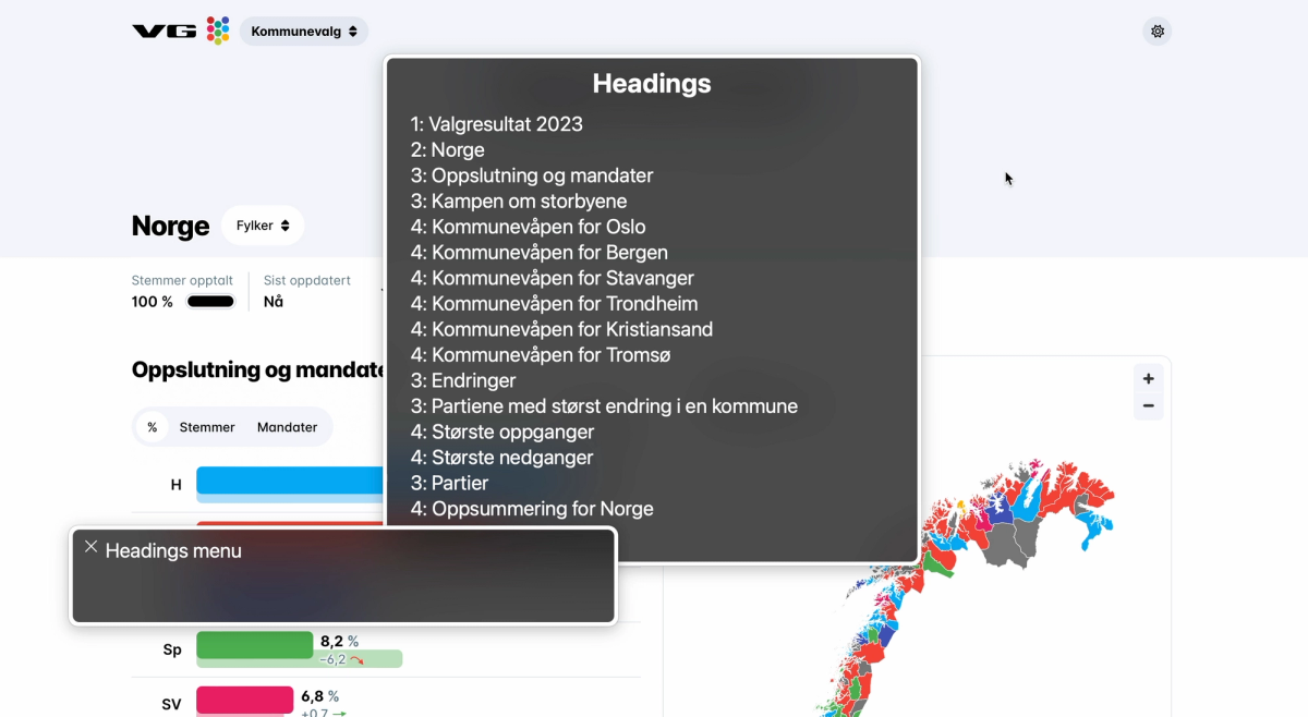 VG's page with VoiceOver headings menu open, showing a structure with one H1, and underneath a good structure with nested H2-4s.