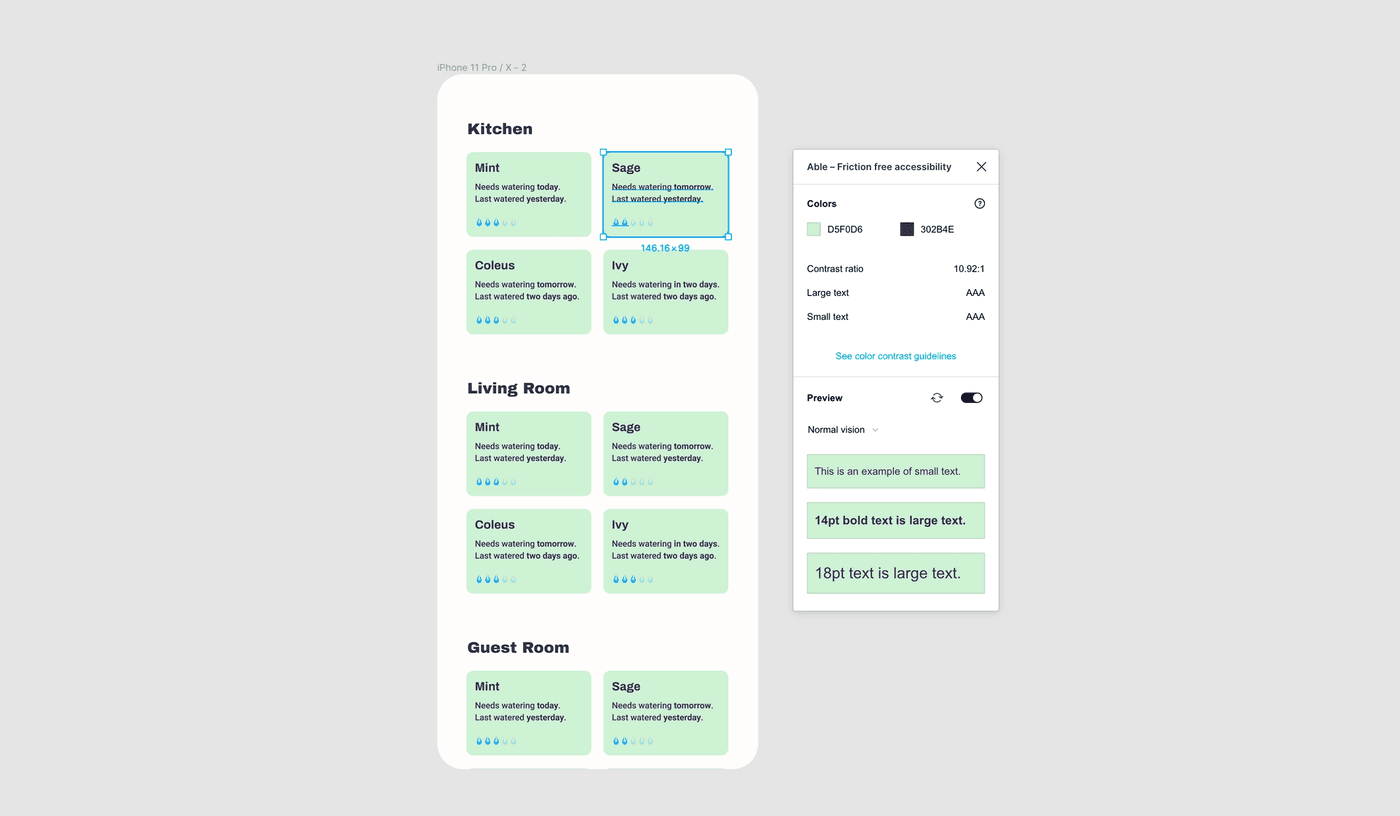 Screenshot of the Able plugin for figma: it shows the two selected colors, their color contrast for large text and small text, the contrast ratio and a preview with text