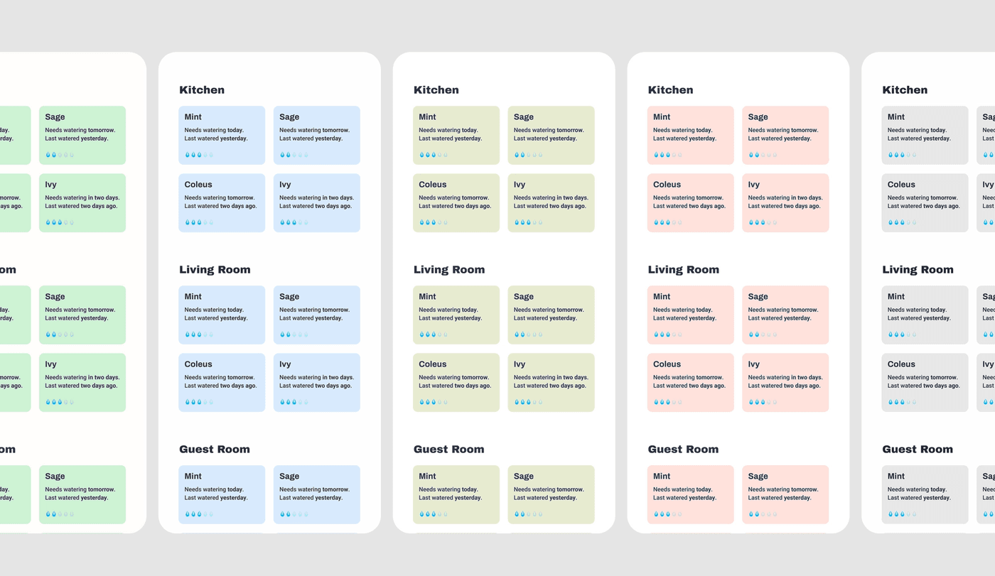 Screenshot of the color blind plugin for Figma: the same screen (colored card layout) simulated for different types of color blindness