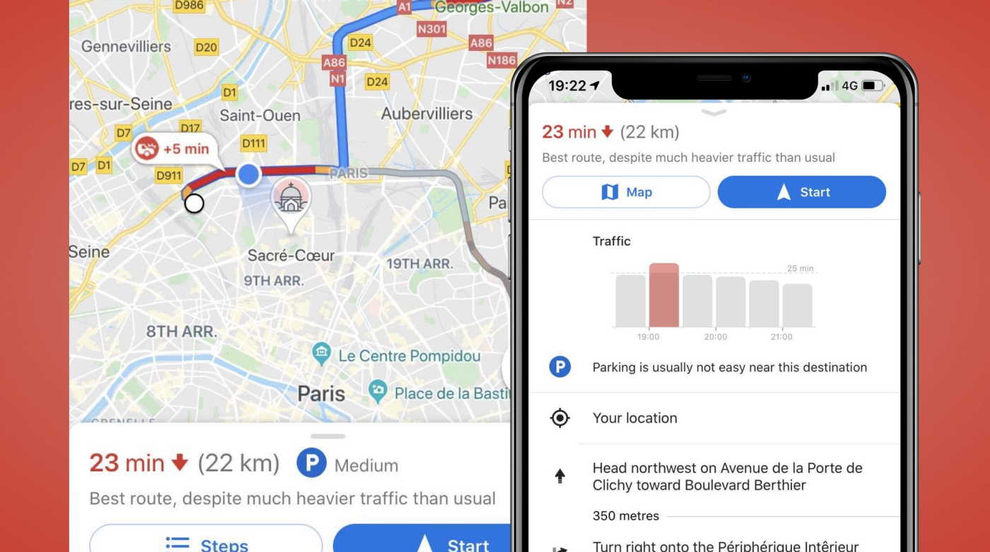 Google Maps screenshot showing the traffic situation with words and visualizations