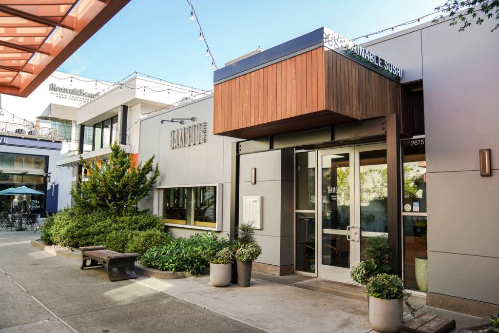 The exterior of the University Village Bamboo Sushi restaurant.