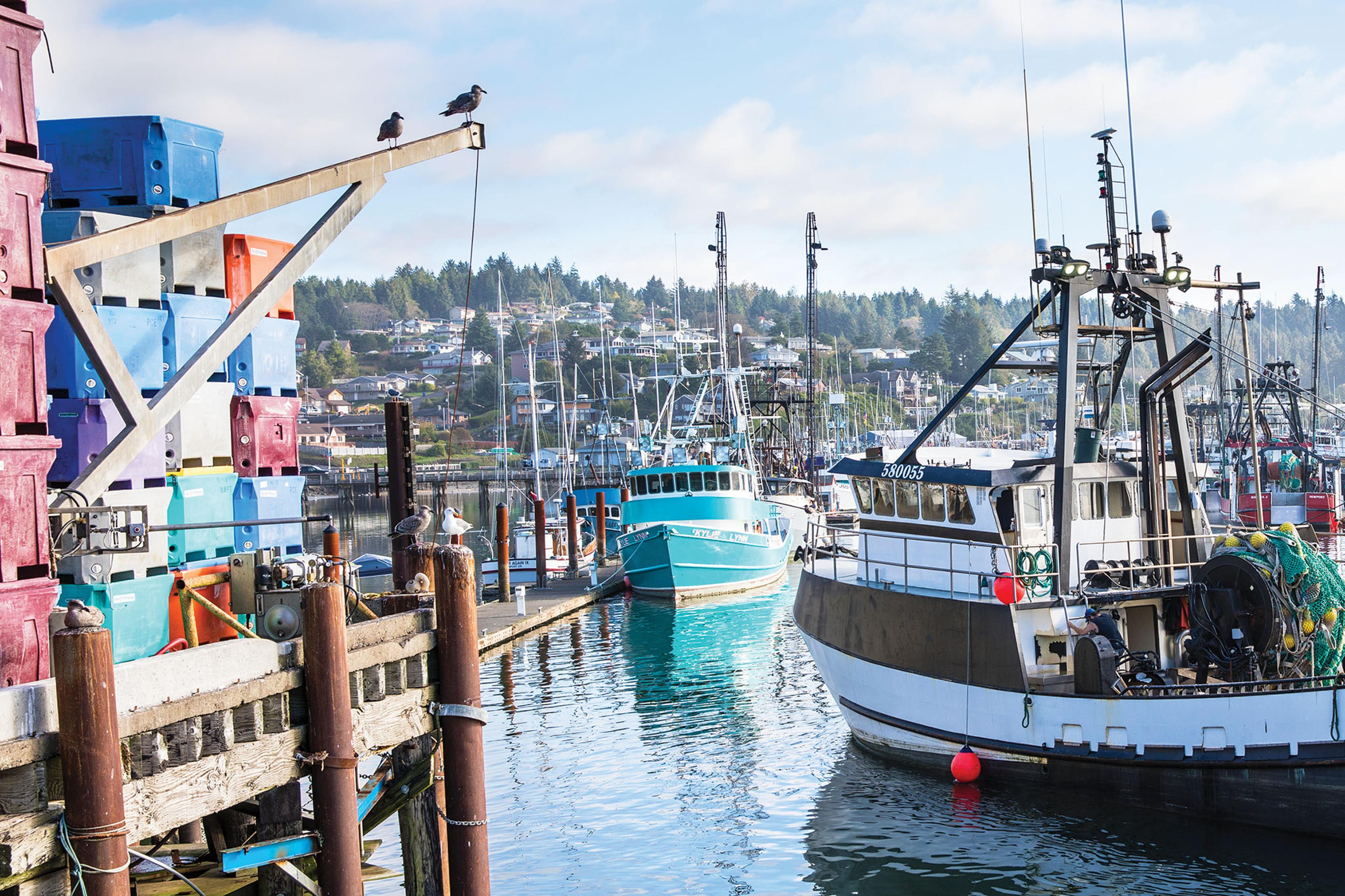 A dock and Pacific Seafood fishing boats in a West Coast bay.