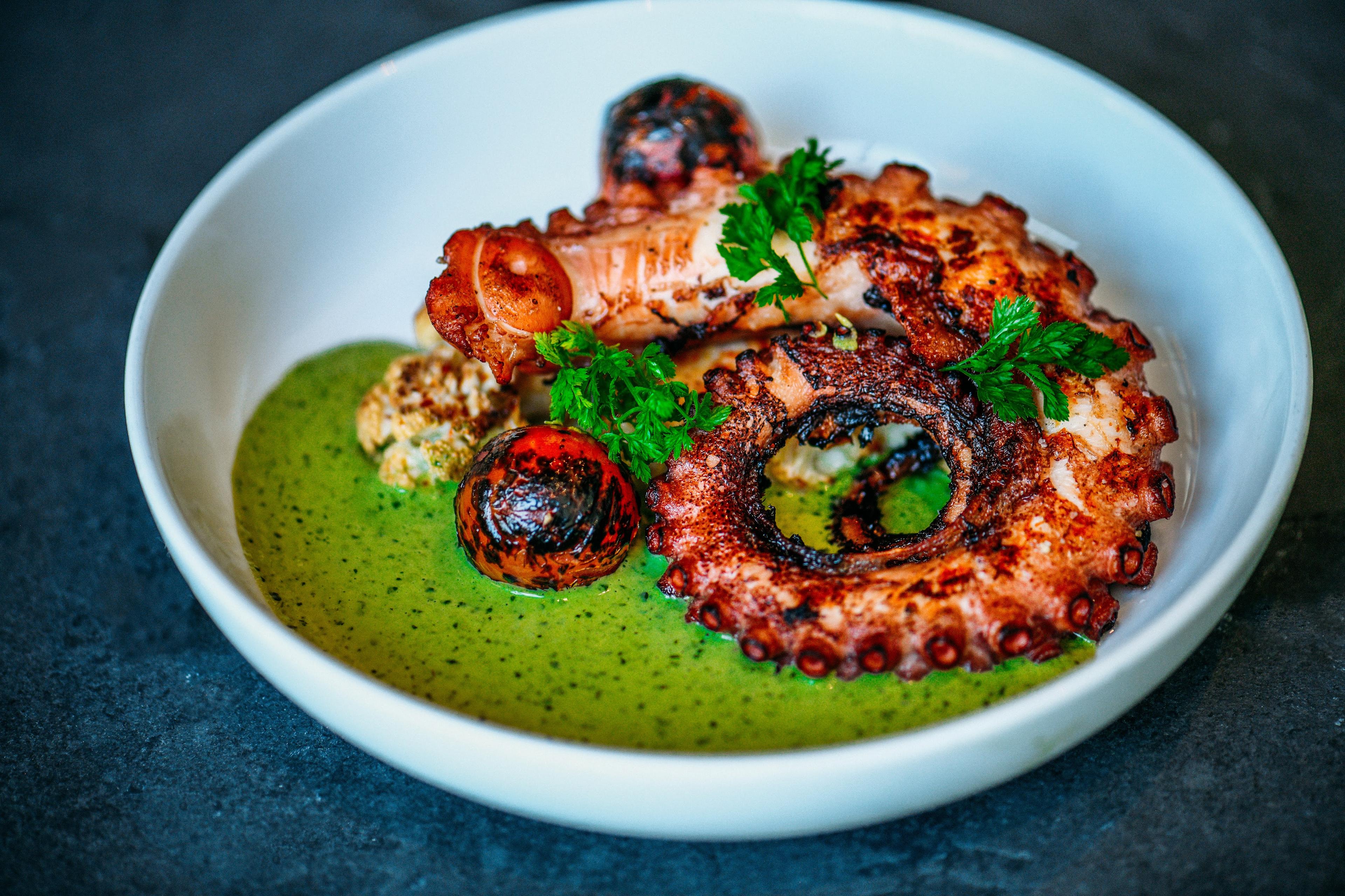 Grilled Octopus in dish with vegetable and  aji verde.