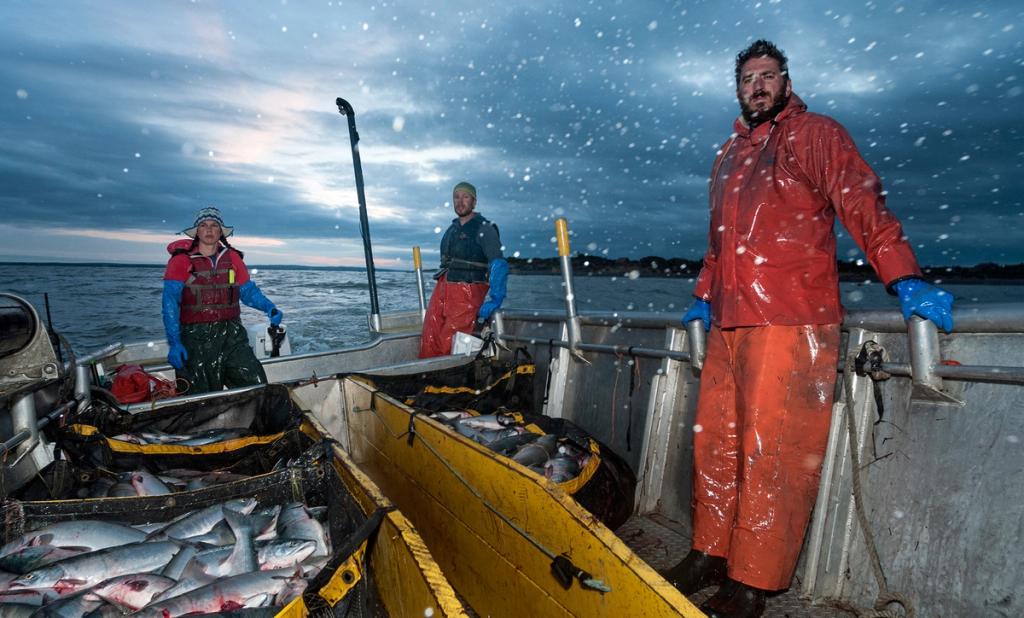 Iliamna Fish Co crew on a boat in the snow.