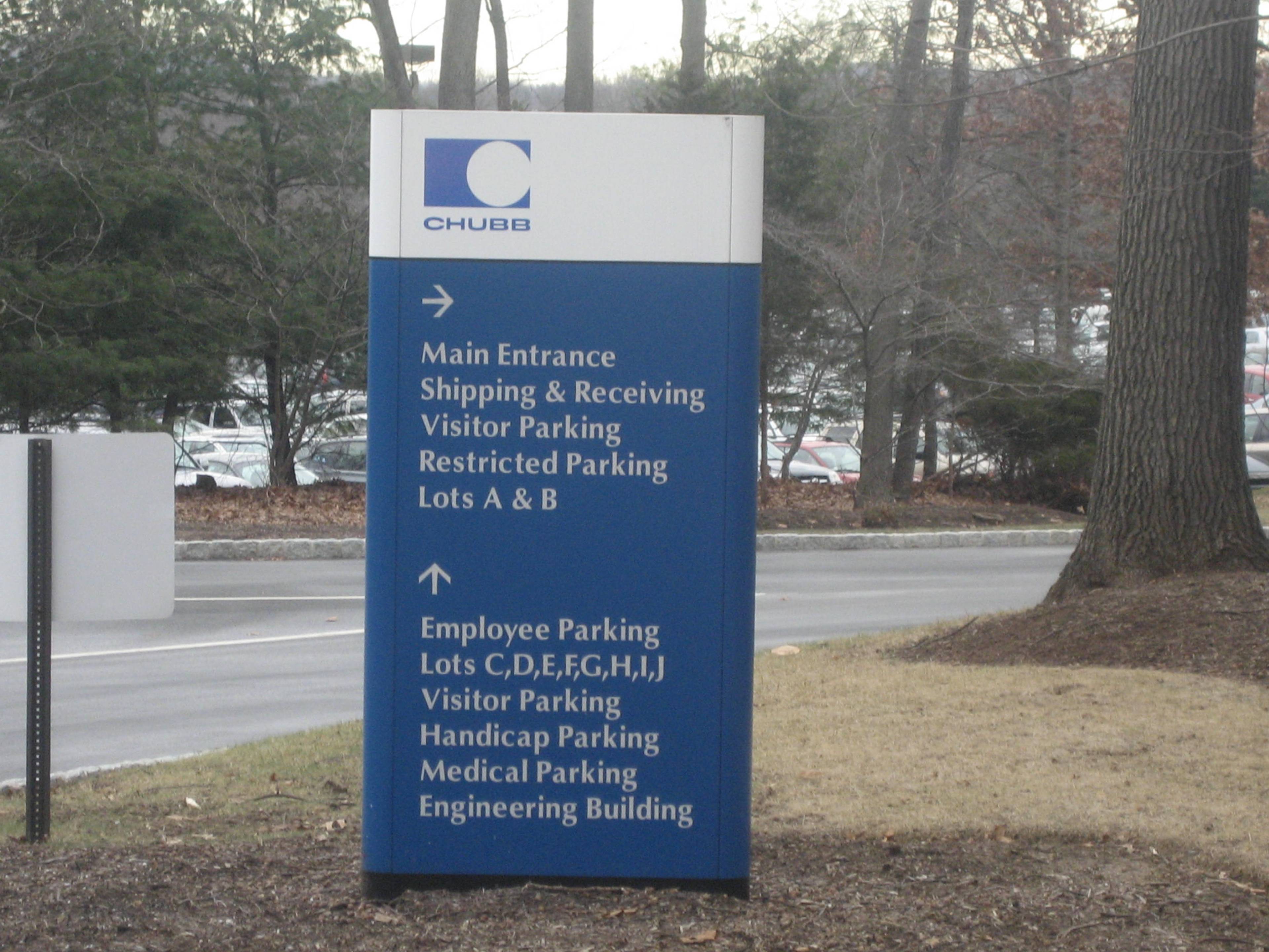Chubb Insurance wayfinding monument sign with parking directions