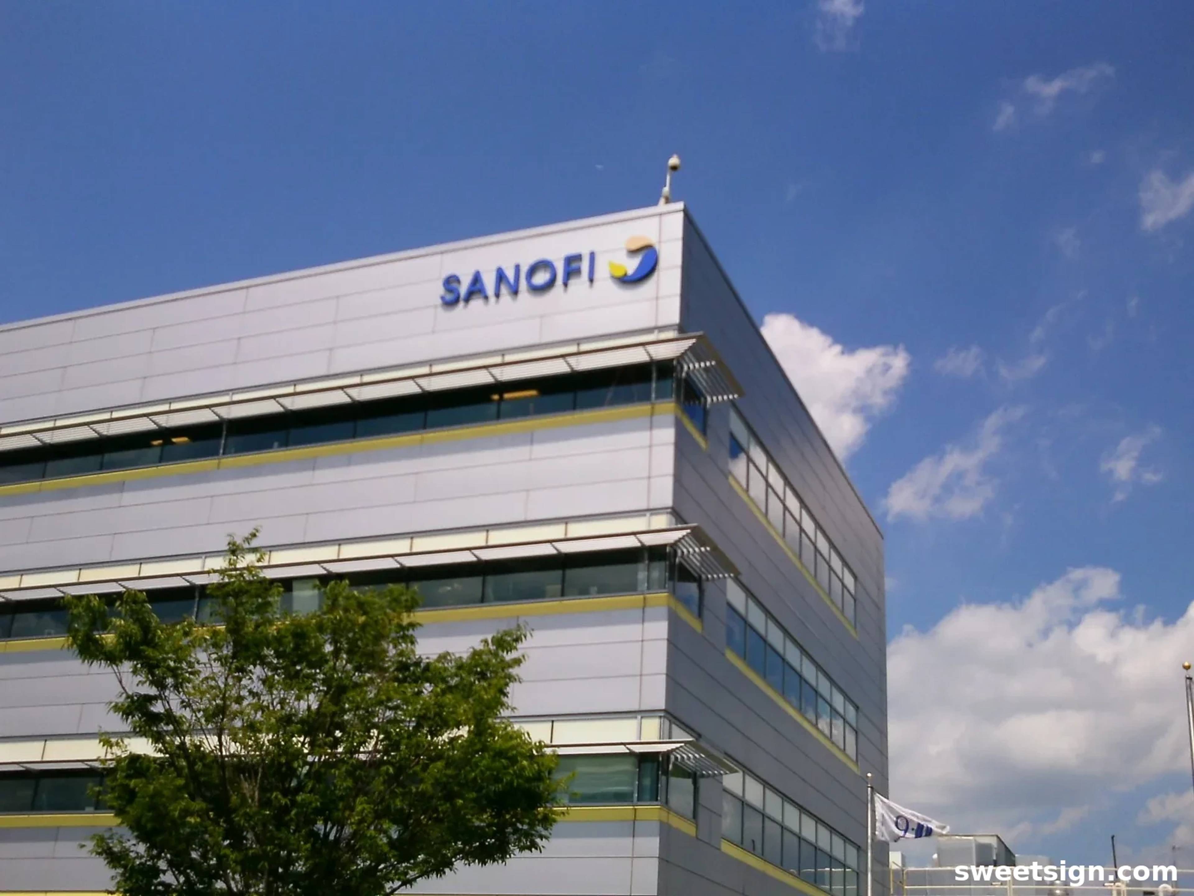 Sanofi corporate building illuminated channel letters
