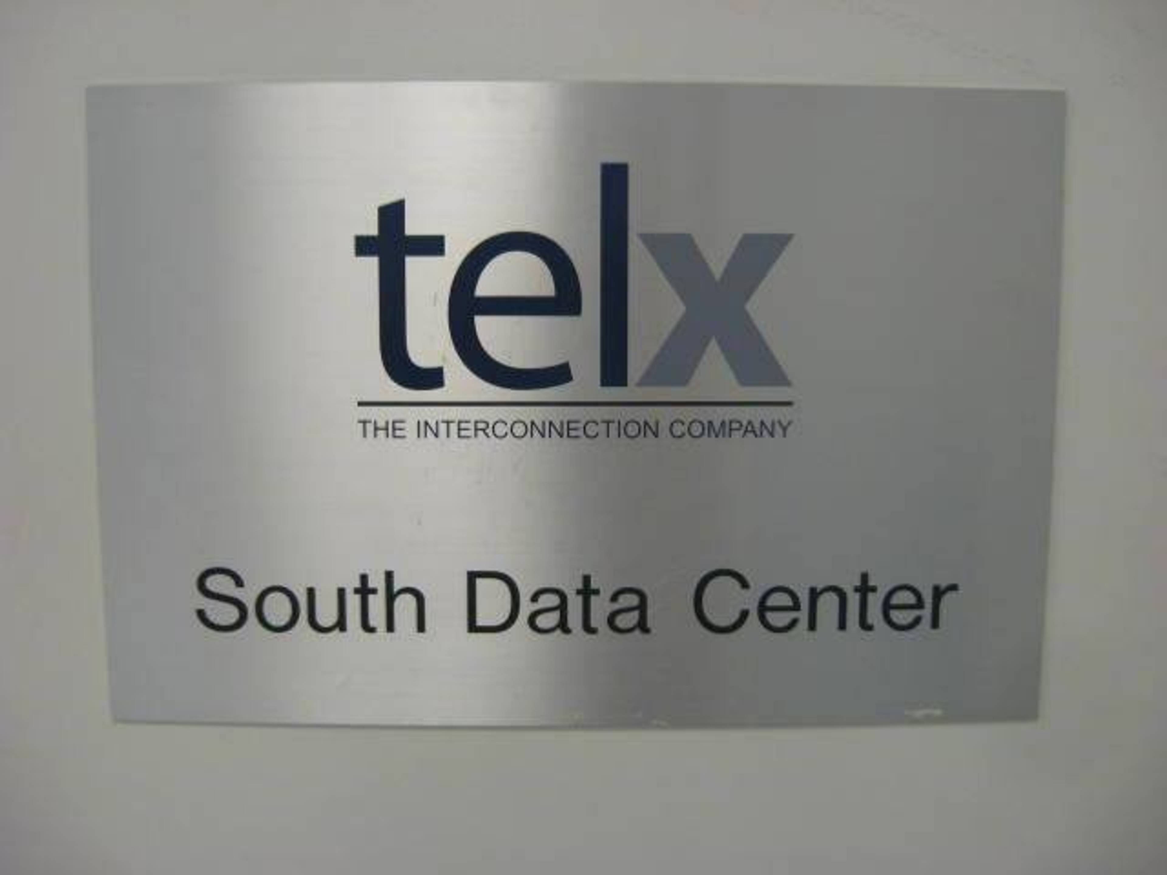 Telx South Data Center brushed metal wall plaque, professional corporate signage