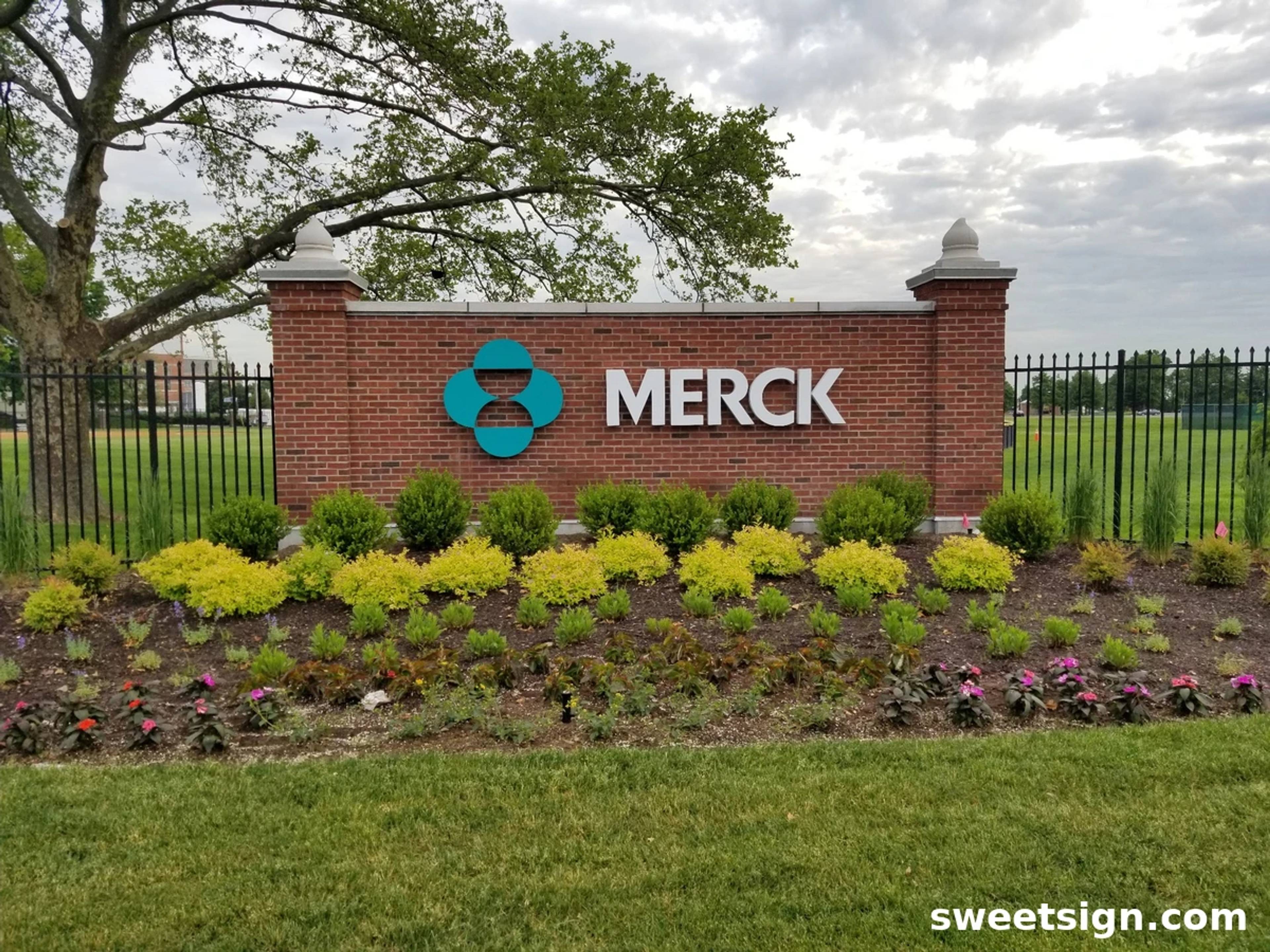 Merck corporate headquarters brick monument sign with 3D letters