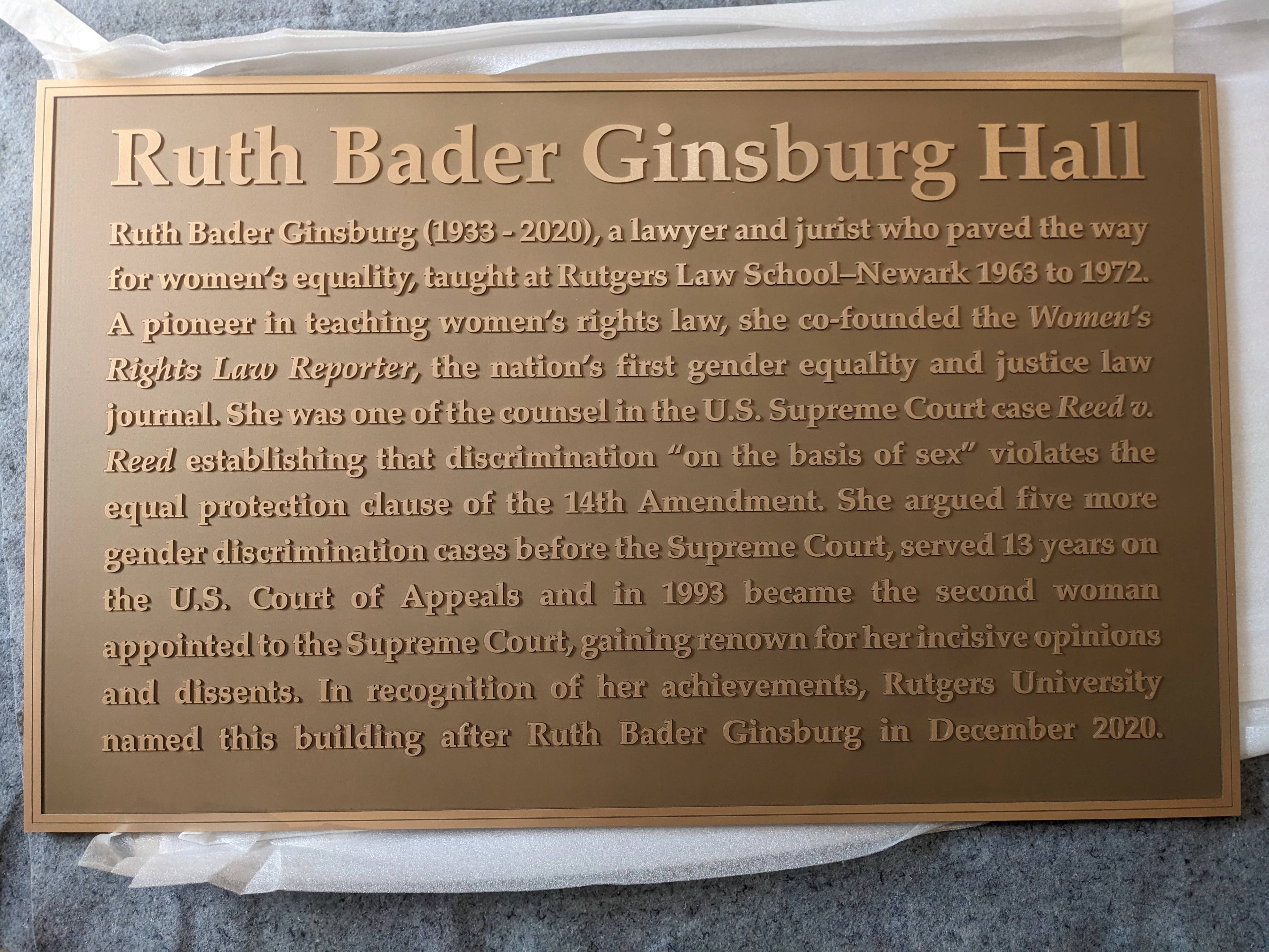 Ruth Bader Ginsburg Hall Plaque Rutgers University Newark 
