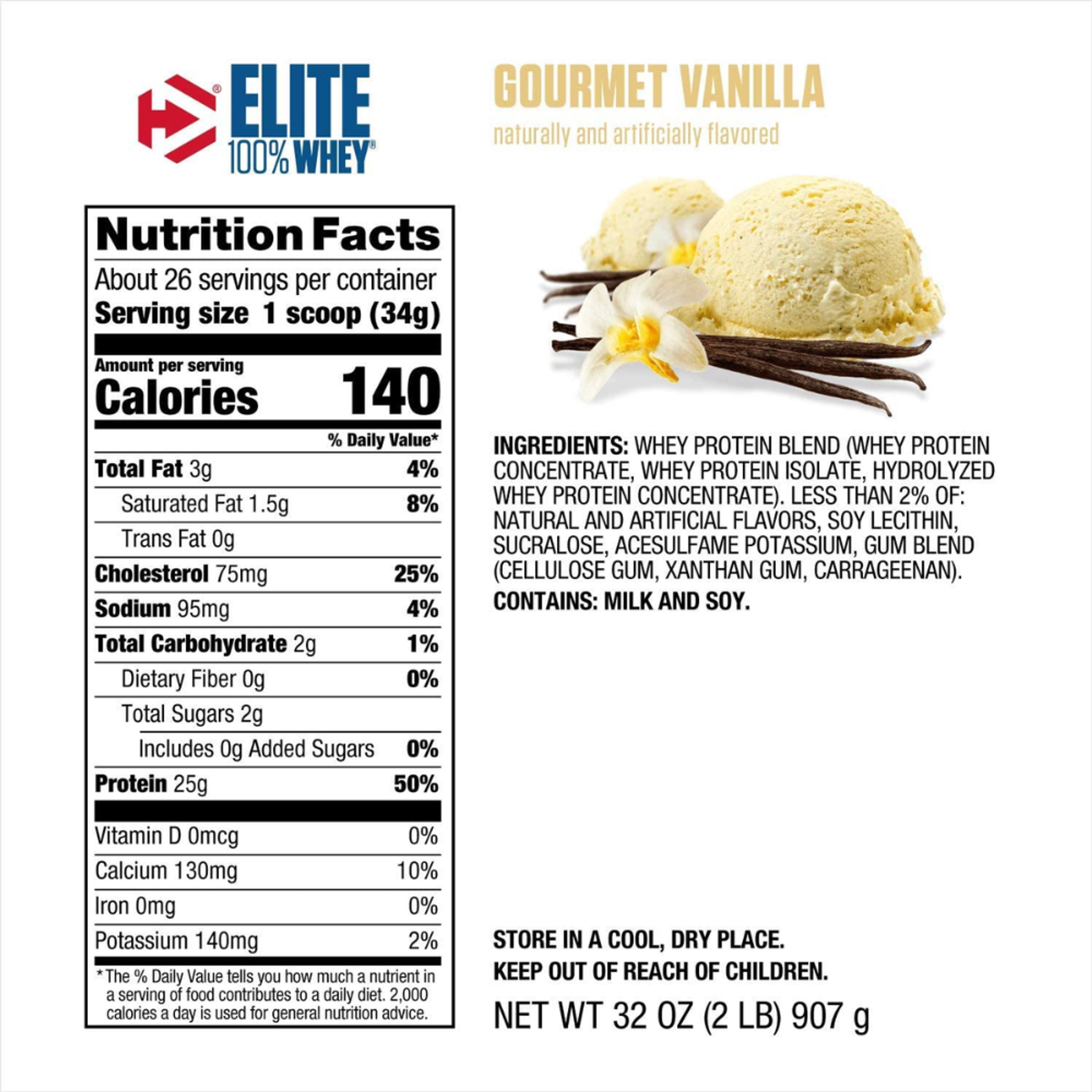 ข้อมูลโภชนาการของ Dymatize Elite 100% Whey Protein รส Gourmet Vanilla