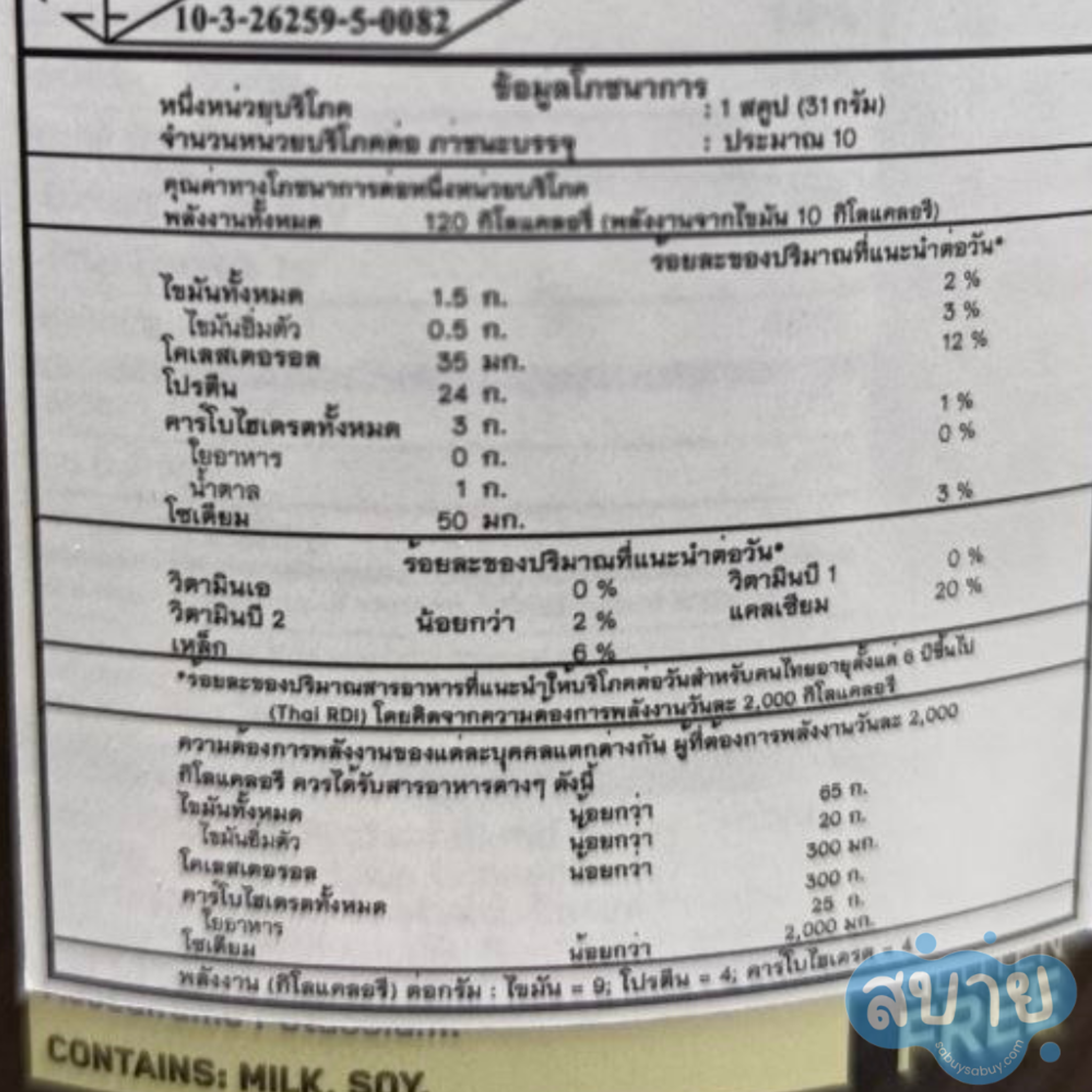 ฉลากโภชนาการของ Optimum Nutrition Gold Standard Whey Protein