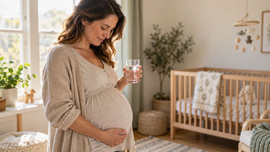 Pregnant mother in nursery holding a water glass