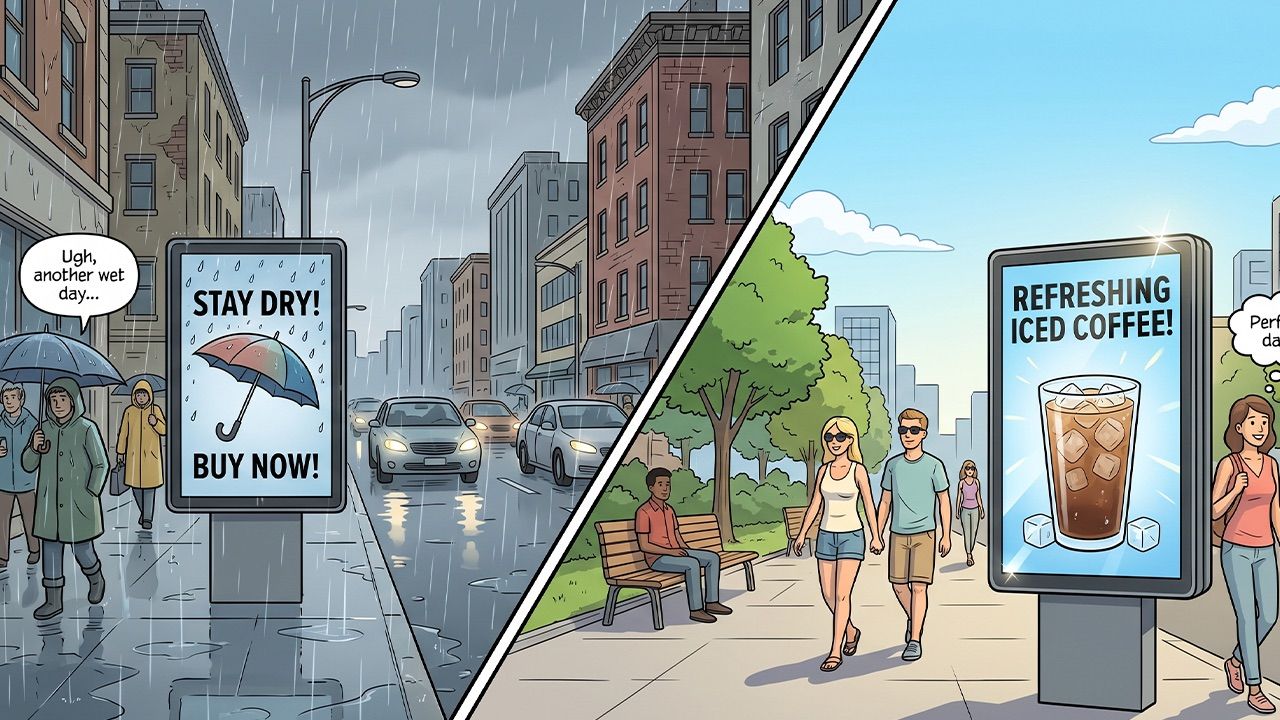 Rainy and sunny Vancouver scenes showing weather-based digital ads.