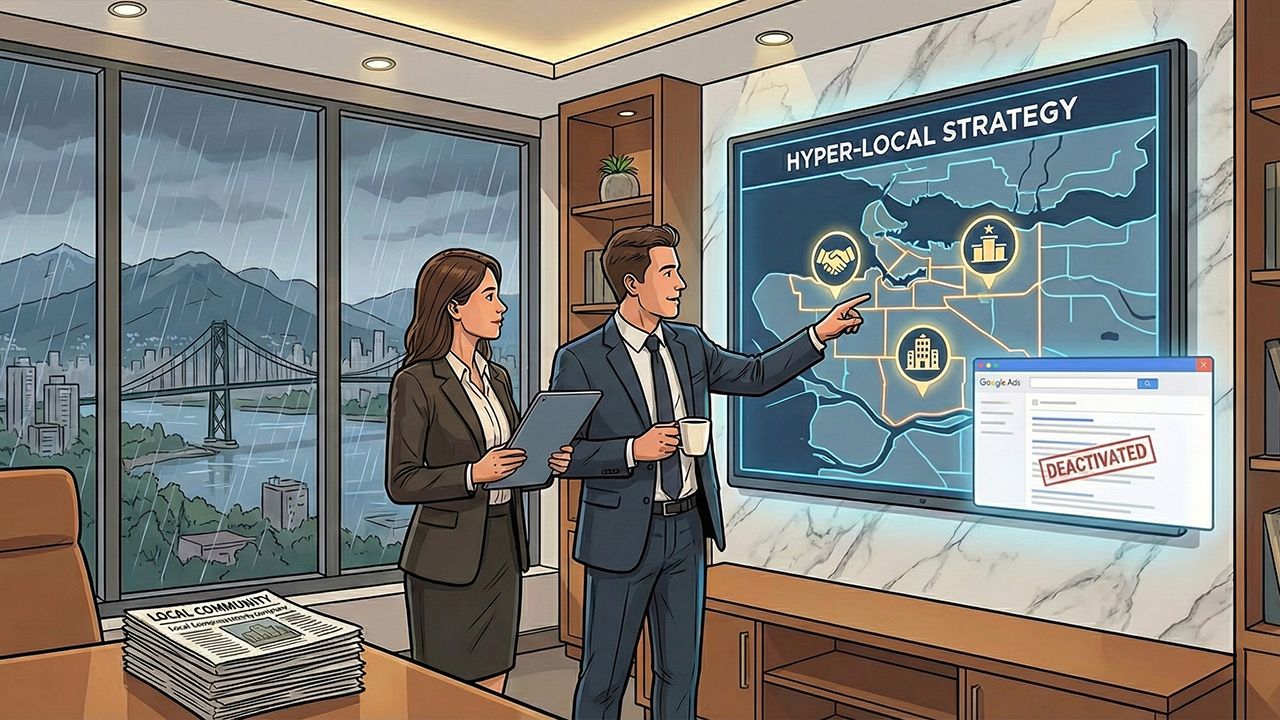 Two professionals in a Vancouver office viewing a strategic hyper-local map on a large display, with a "DEACTIVATED" Google Ads window in the foreground, symbolizing the shift from digital noise to local authority.