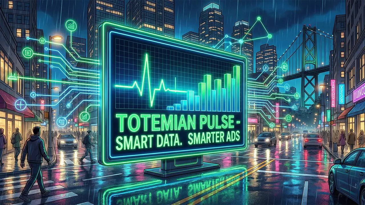 Street-level digital kiosk in Vancouver displaying the Totemian Pulse and pDOOH Analytics reports.