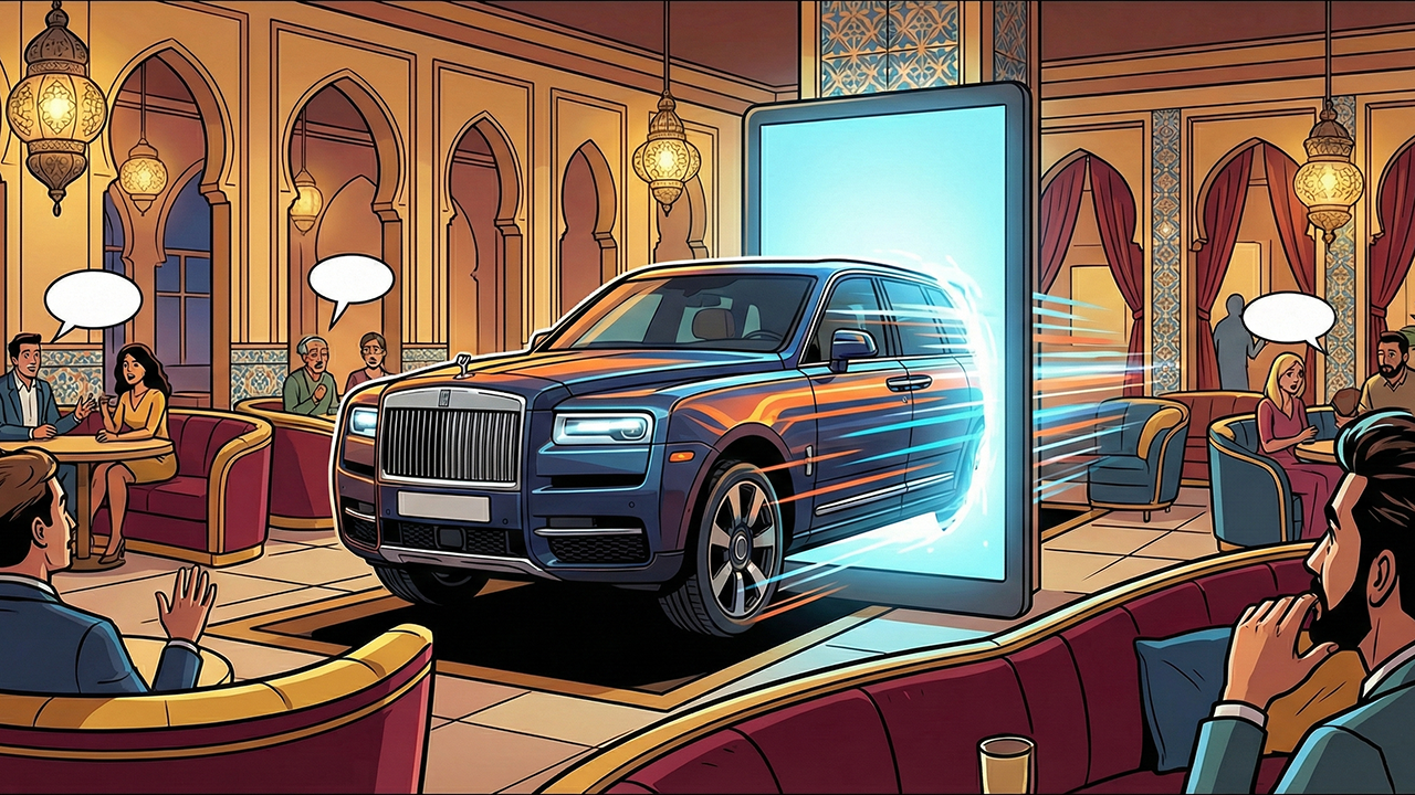Luxury SUV emerging from a vertical Totemian Brandboard screen inside a warm, high-end restaurant interior.