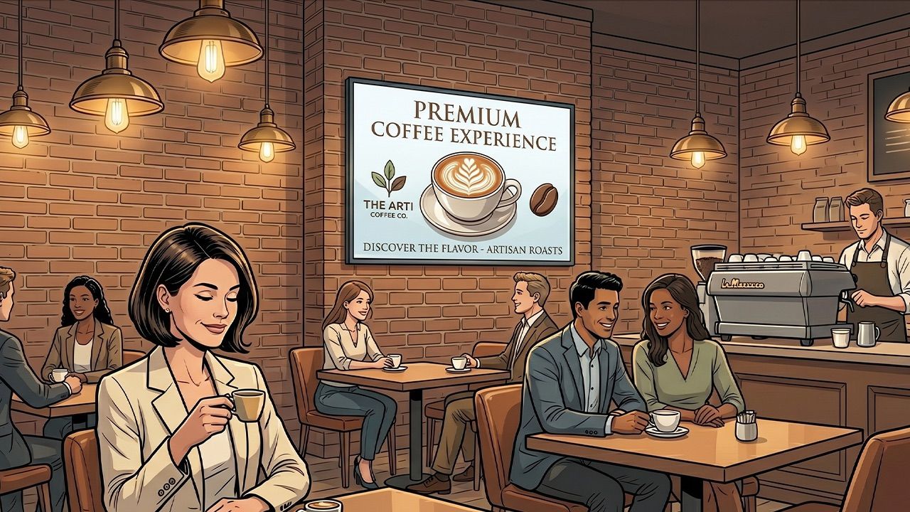 A modern cafe interior with customers and a prominent digital screen displaying a "Premium Coffee Experience" advertisement.