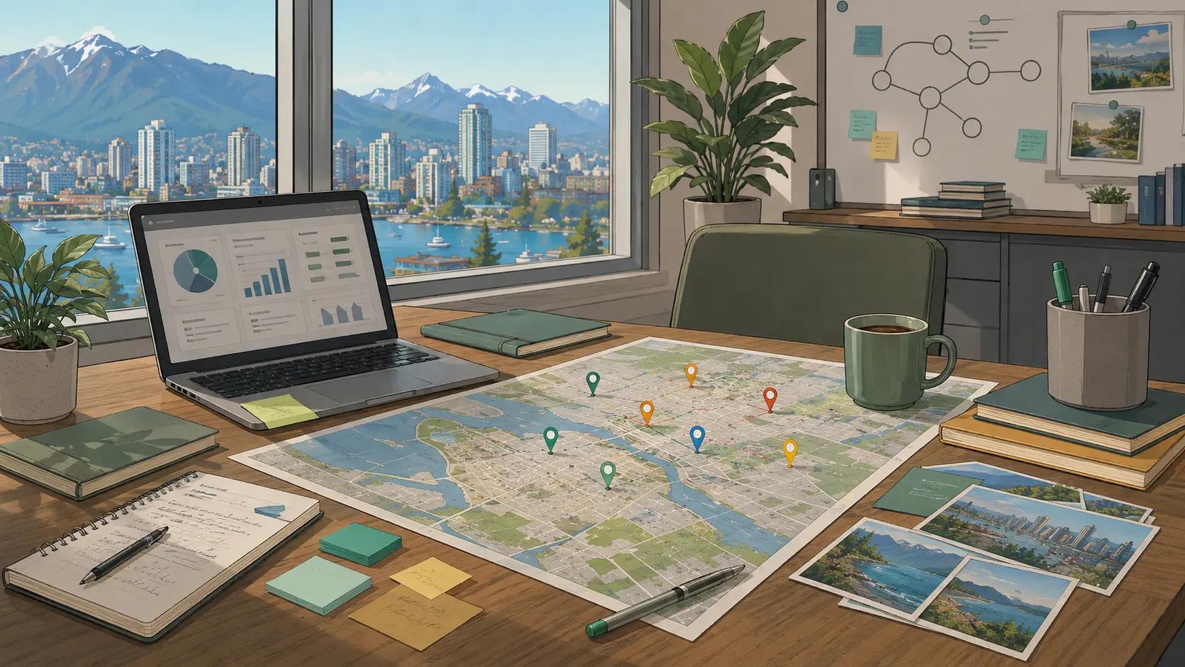 Vancouver media planning desk with map, venue pins, and campaign materials.
