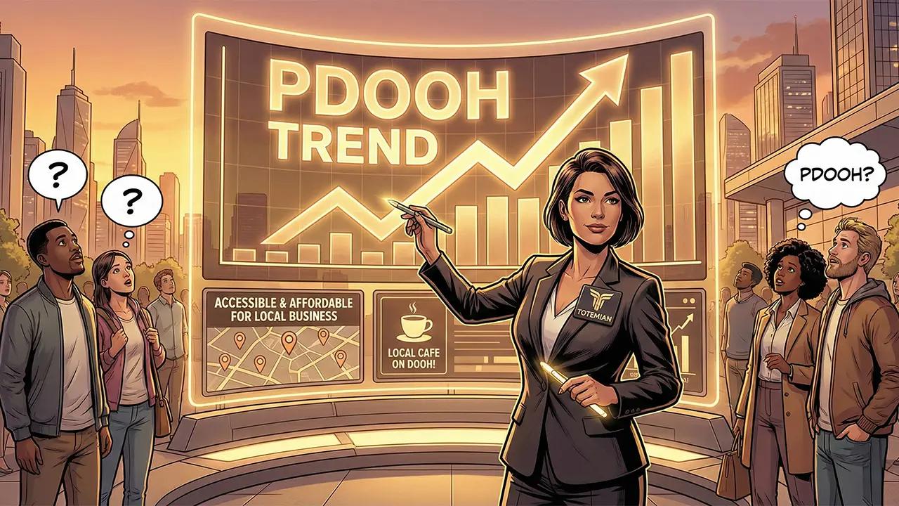 A Totemian expert presenting the rising pDOOH trend and its affordability for local Vancouver businesses on a glowing data screen.