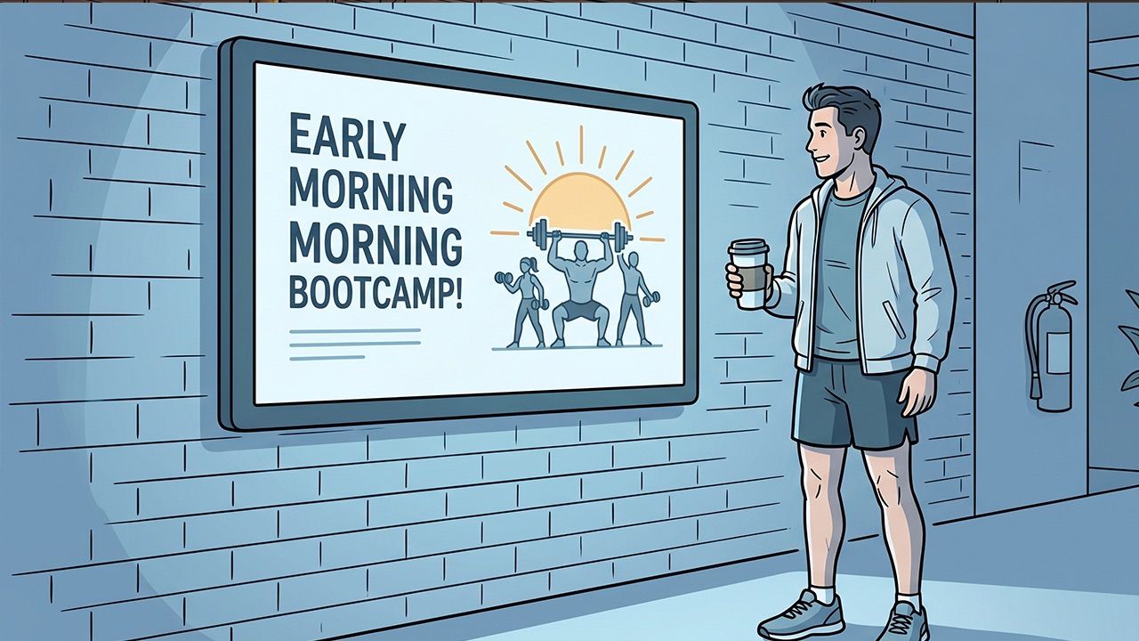 An indoor digital billboard on a white brick wall displaying an "Early Morning Bootcamp" advertisement with stylized figures lifting weights.