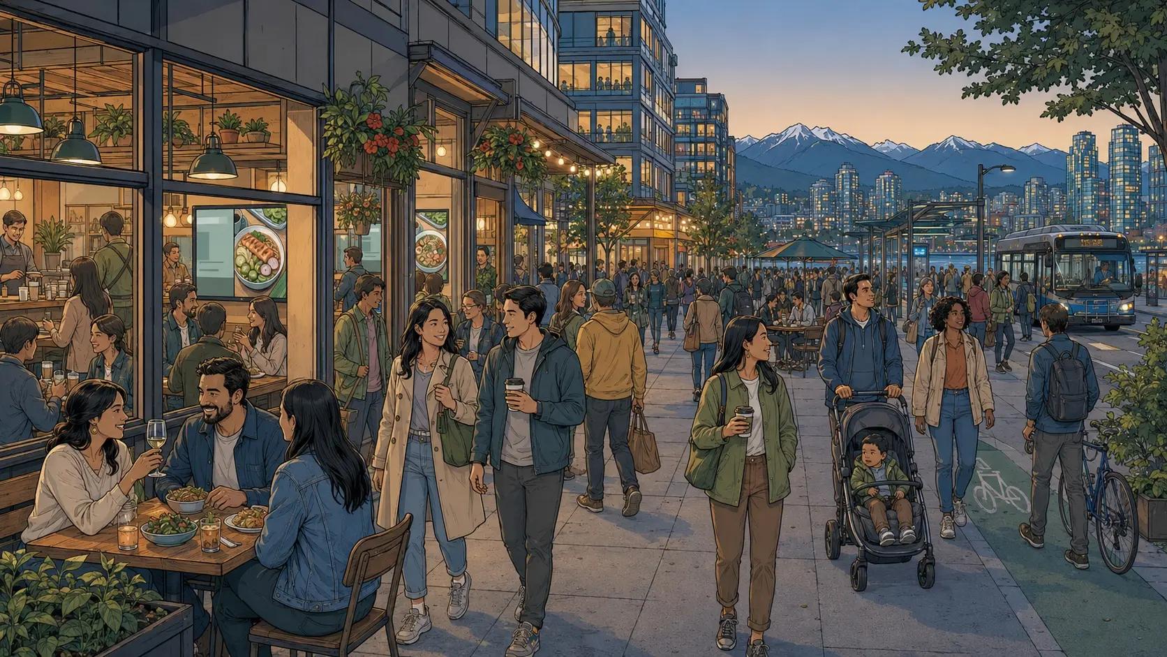 Vancouver event crowd moving near restaurants and venues with subtle indoor digital screens.