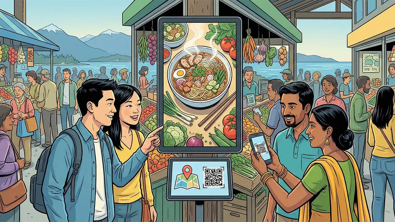 People at a busy waterfront farmers market looking at a digital Totemian screen displaying a steaming bowl of ramen and a QR code map.