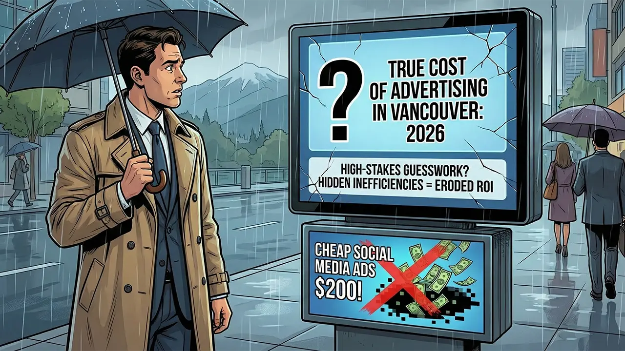 Vancouver businessman confused by a billboard showing hidden costs and eroded ROI of social media ads.