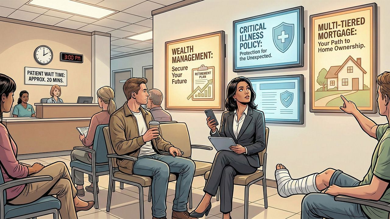 A professional medical waiting room where a digital sign indicates a patient wait time of approximately 20 minutes. Seated people look at wall-mounted digital boards presenting educational advertisements for «WEALTH MANAGEMENT», «CRITICAL ILLNESS POLICY», and «MULTI-TIERED MORTGAGE» options.