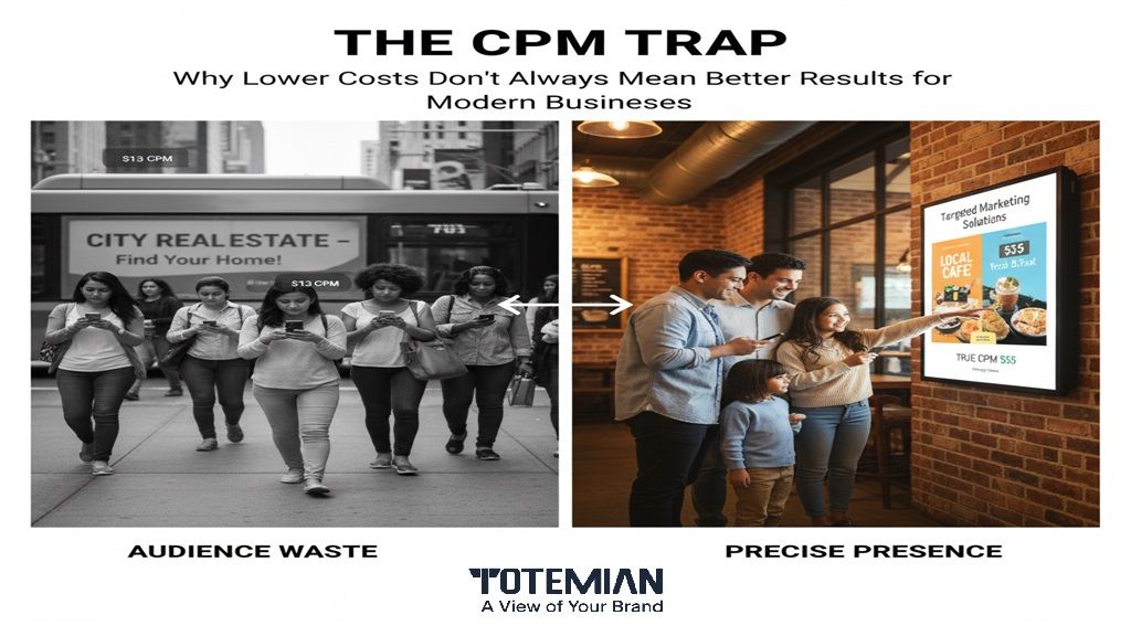 Vancouver small business district with digital advertising screens representing the CPM trap concept